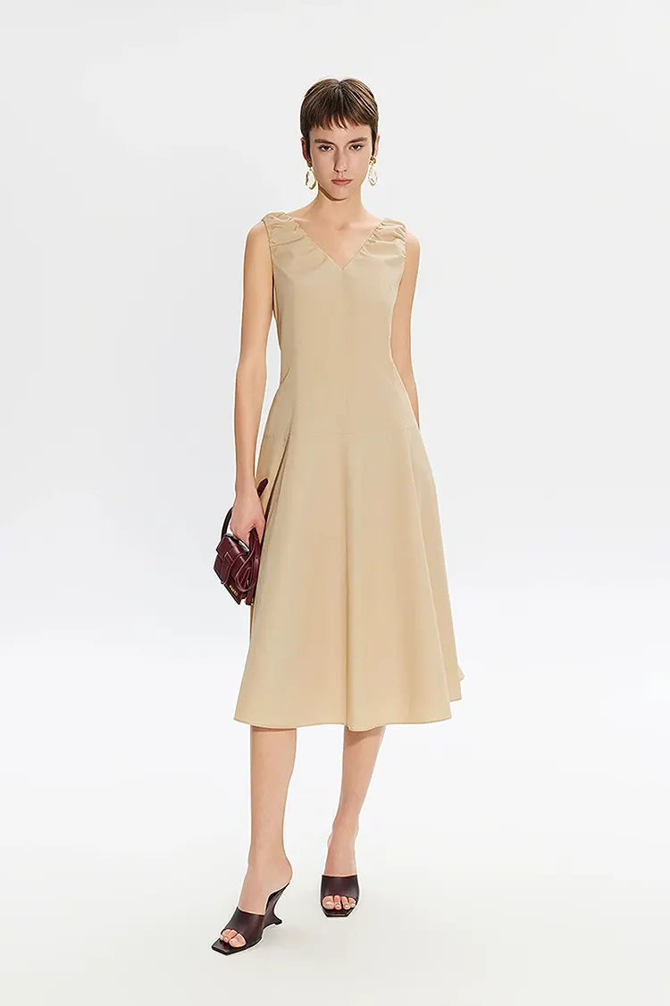 Women's New Khaki Office Sleeveless V-Neck Dress