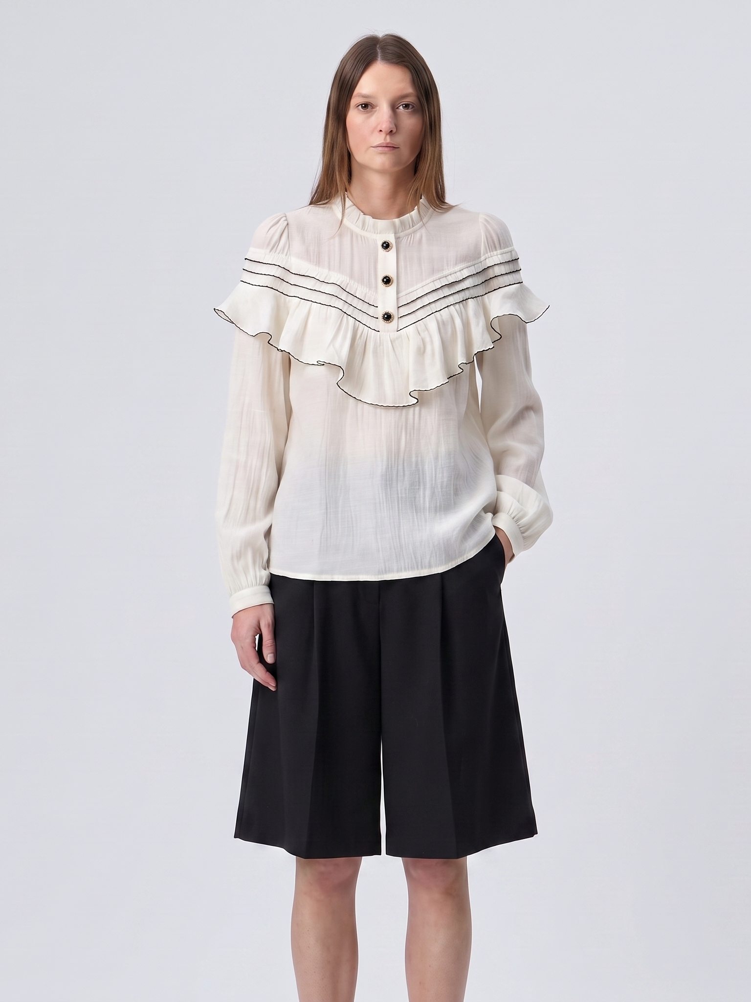 মহিলাদের Lyocell Ruffled দীর্ঘ-হাতা ব্লাউজ