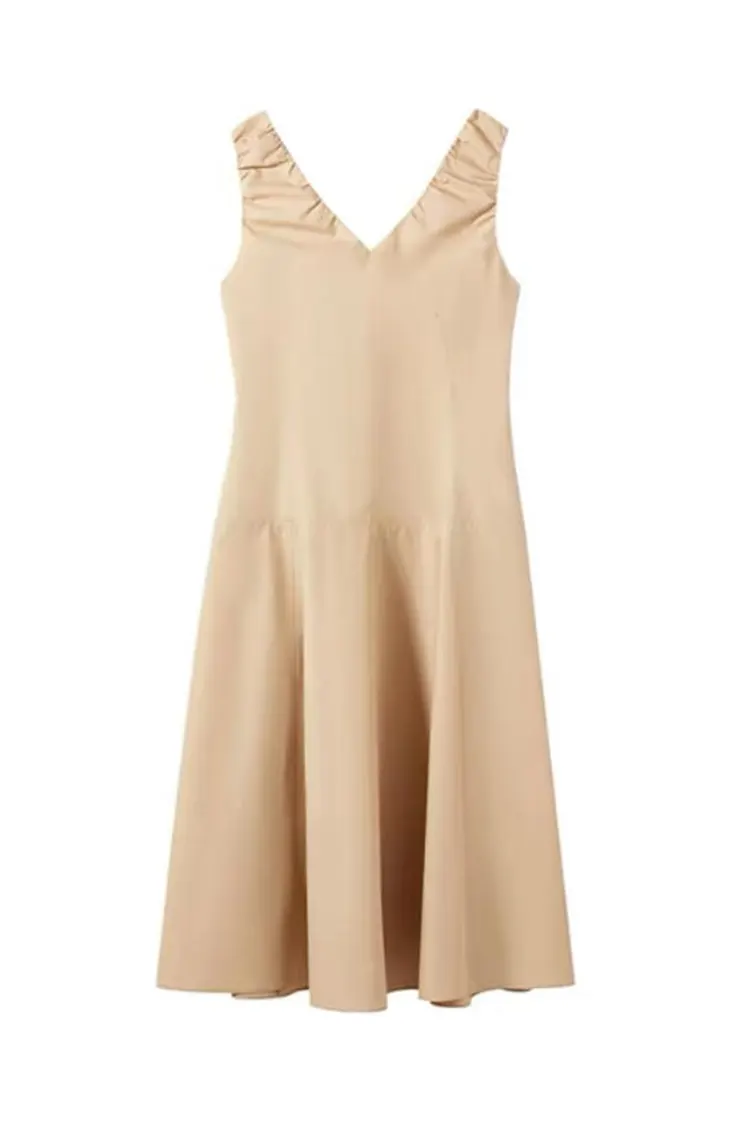 মহিলাদের নতুন খাকি অফিস স্লিভলেস ভি-নেক ড্রেস